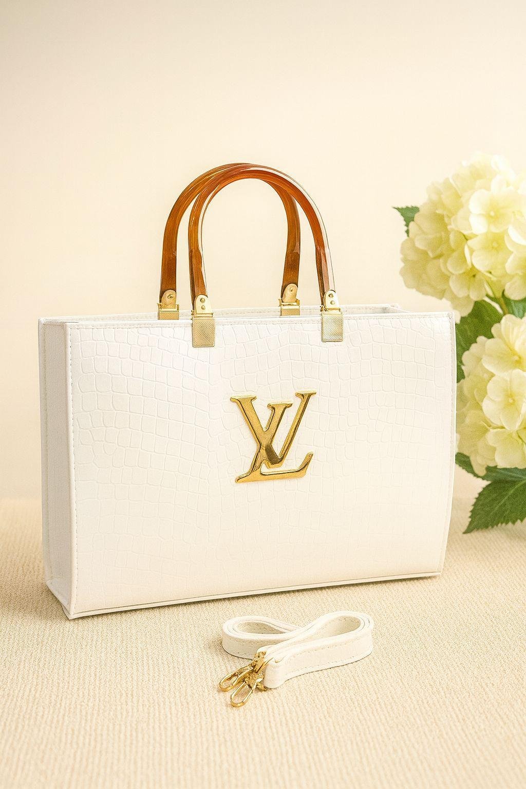 White Luxurious Tote Bag with Detachable Strap & Zipper Pocket for women - GENZAA