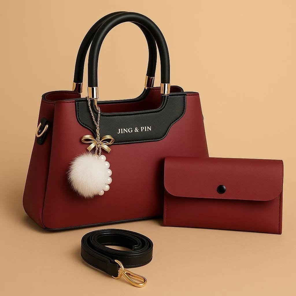 Black Navy Pink Rexine Handbag Set with Wallet & Strap for women - GENZAA