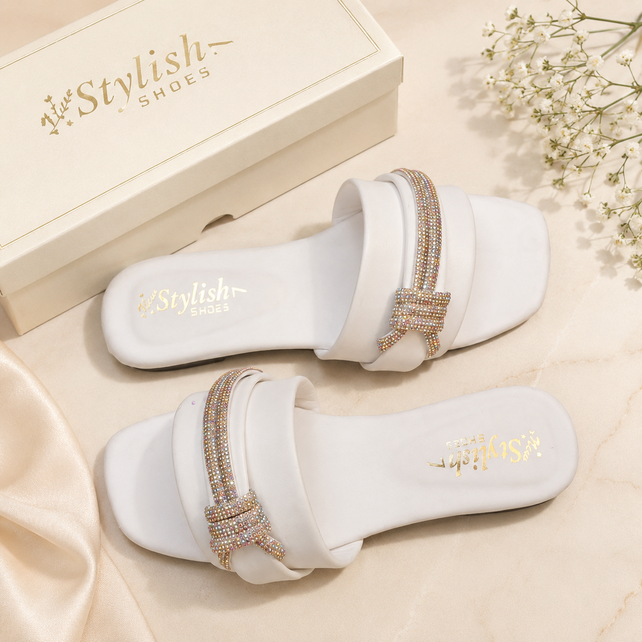 Women's White Rhinestone Flat Sandals Wedding Party Wear - GENZAA
