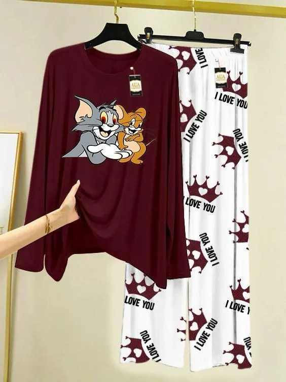 Tom and Jerry Printed Night Suit Maroon White 2Pc for women - GENZAA