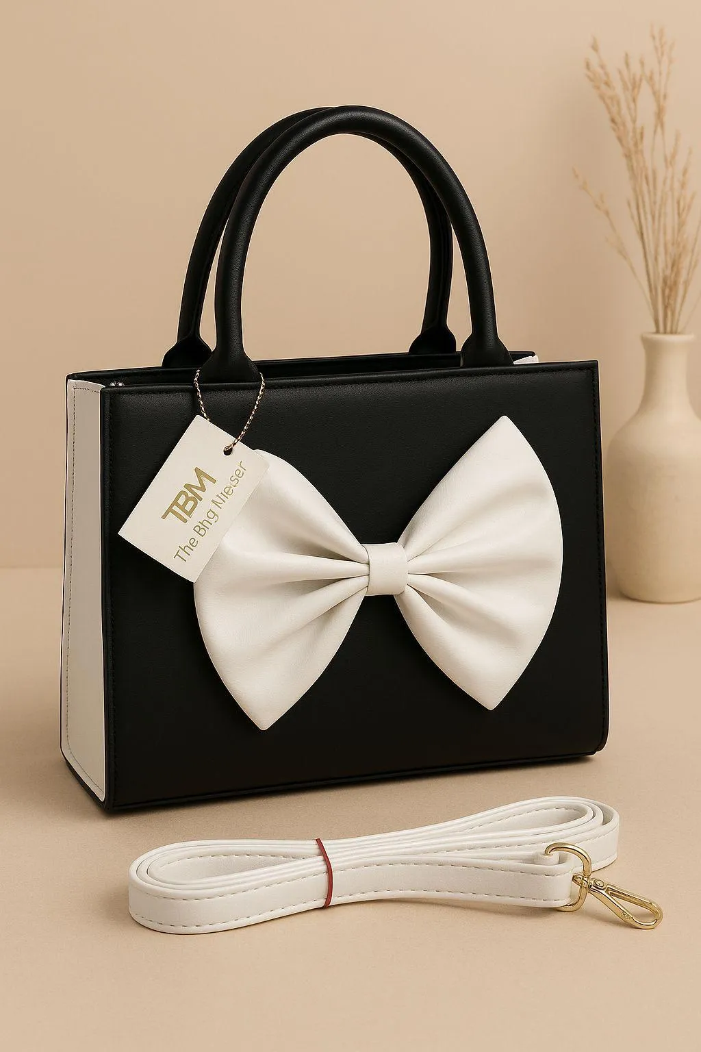 Black Bow Shoulder Bag for Women with White Strap - GENZAA