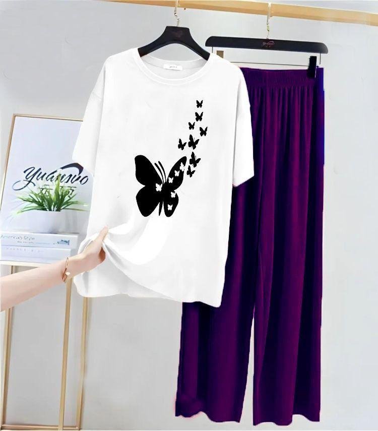 White Butterfly Print Night Suit for Women Medium to XL