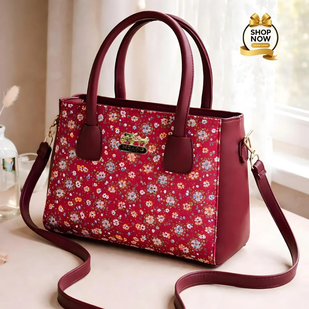 Black Red Floral Rexine Shoulder Bag with Long Handle for women - GENZAA