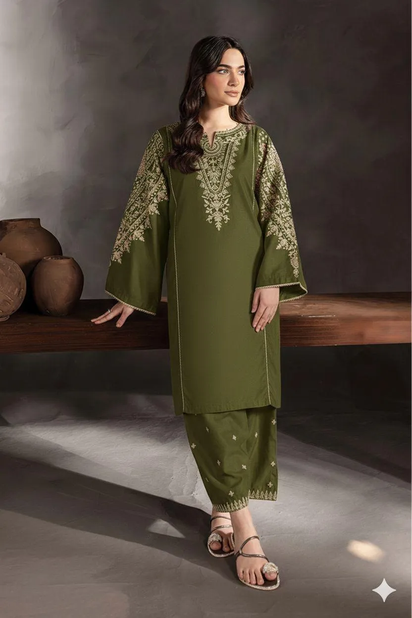 Green Embroidered Lawn 2Pcs Shirt Trouser Set for women - GENZAA