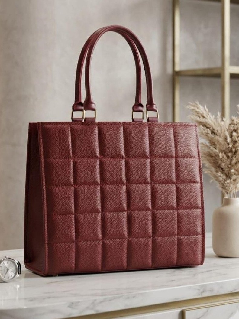 Brown Premium Quilted Square Stitch Tote Bag with Adjustable Shoulder Strap for women - GENZAA