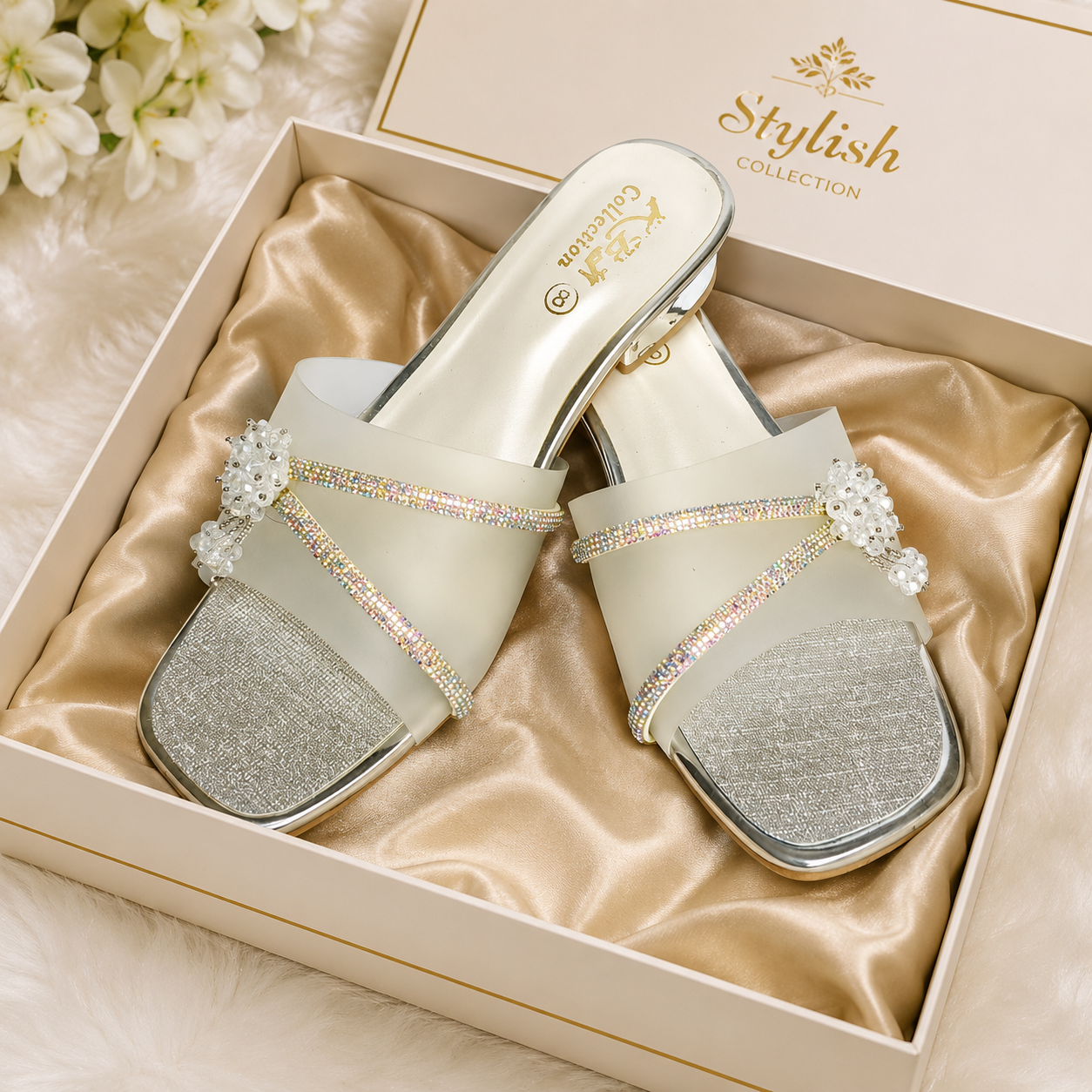 Women's White Fancy Rexine Slides Summer Stylish - GENZAA