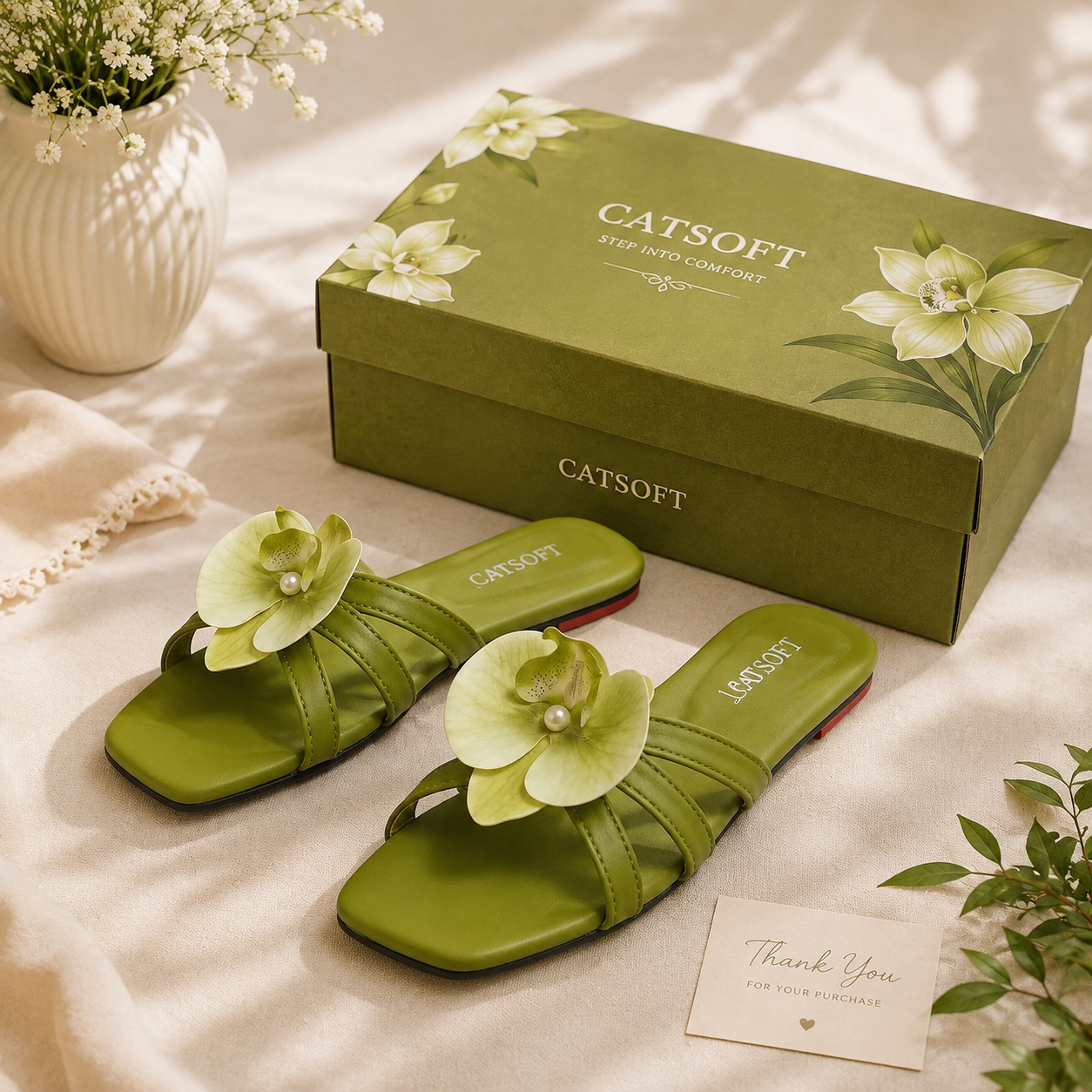 Olive Green Green Floral Olive Slip On Sandals for Women - GENZAA
