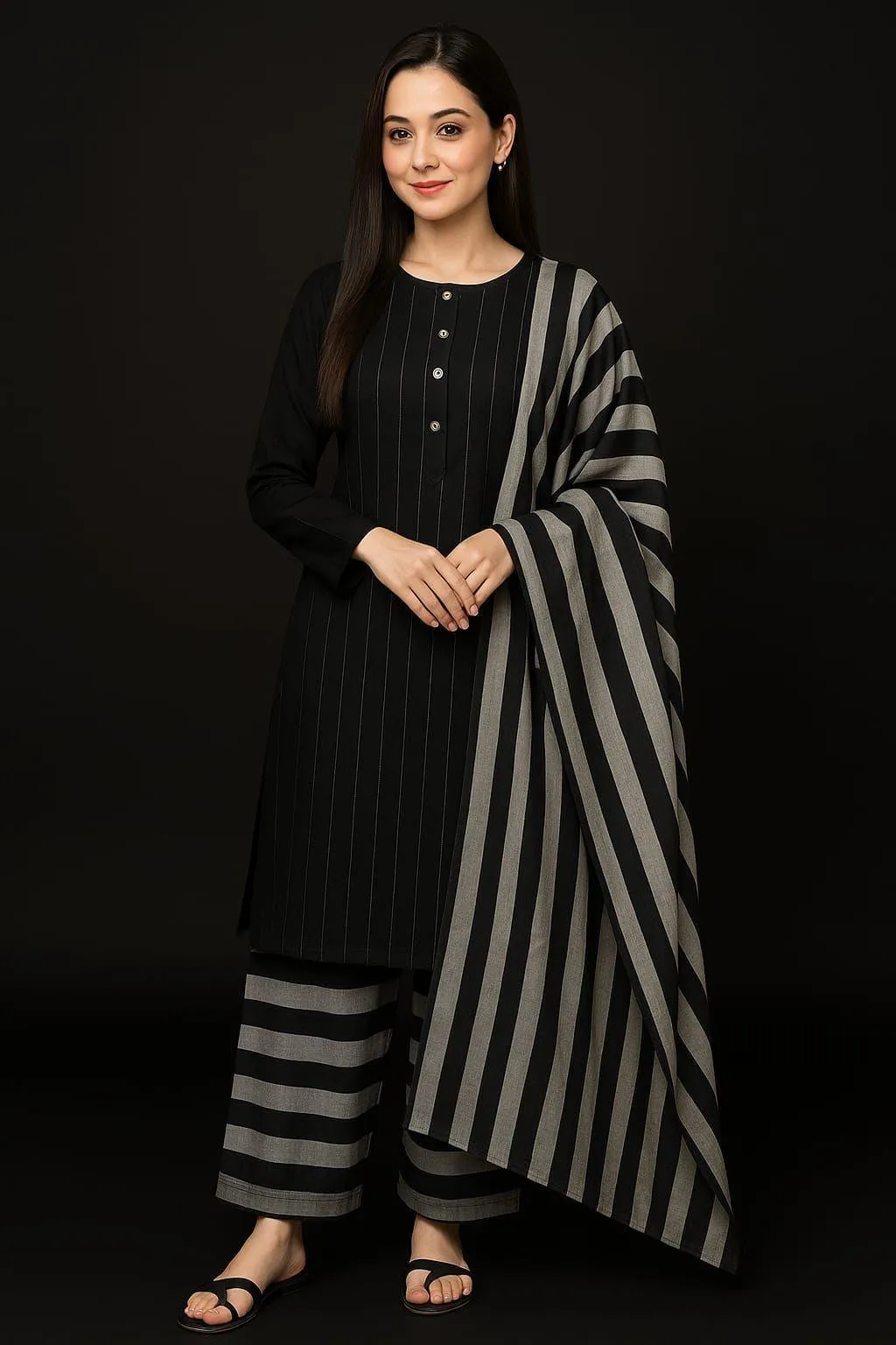 Black Striped 3-Piece Khaadi Suit for Women - GENZAA