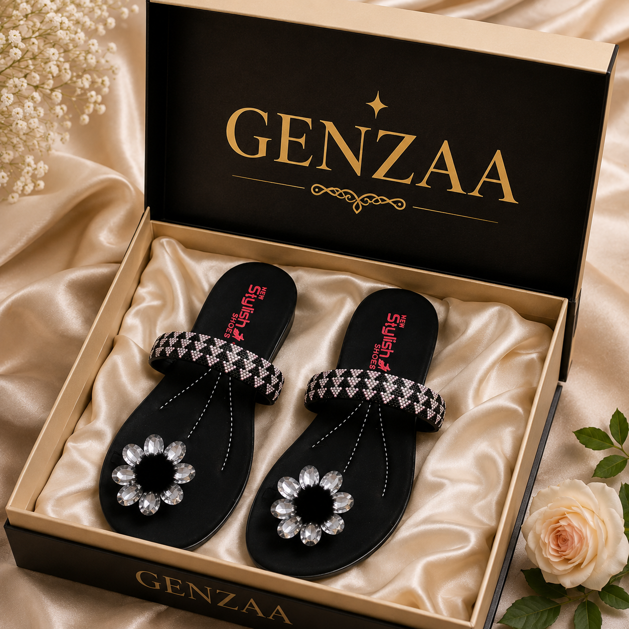 Women's Black Gemstone Strap Sandals Semi-Formal - GENZAA