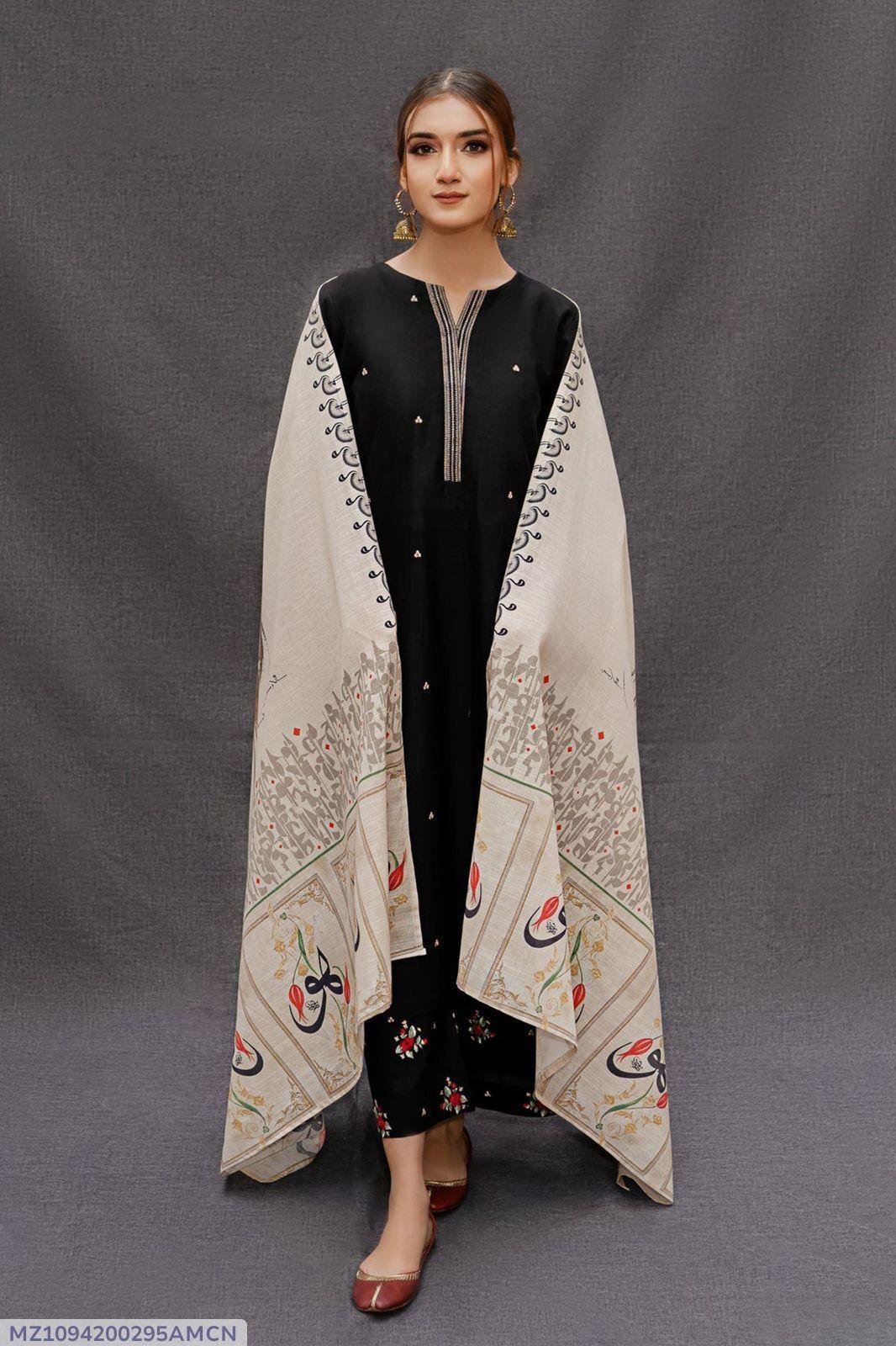 Black Embroidered Lawn 3Pcs Set with Digital Dupatta for women - GENZAA