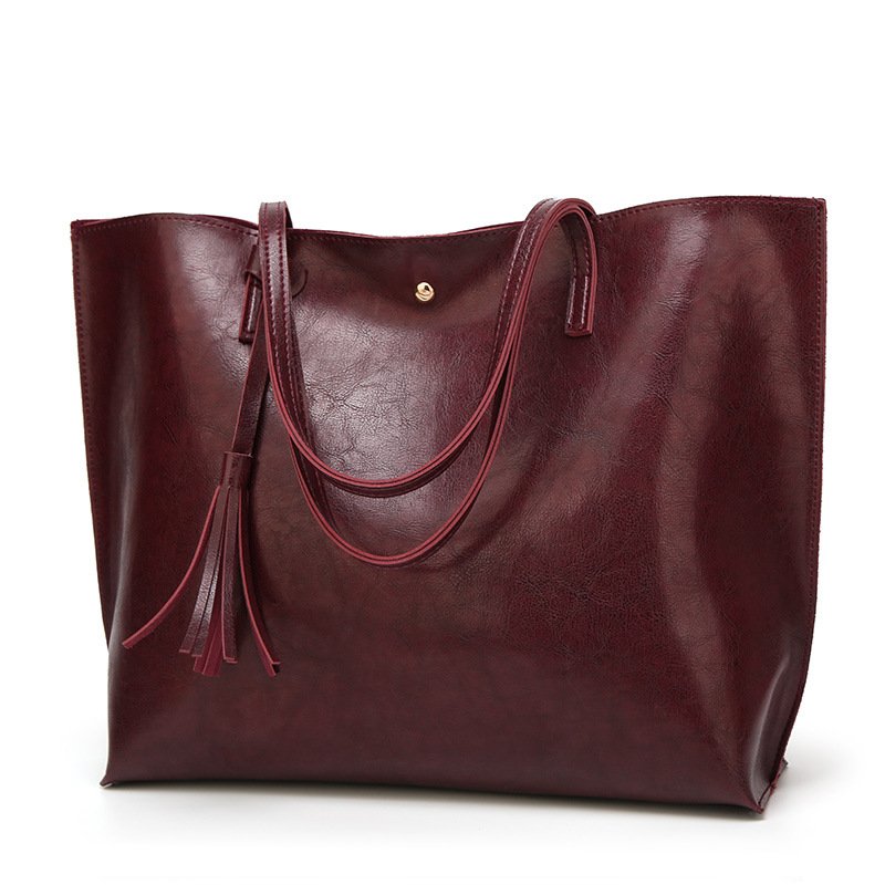 Red Burgundy Leather Tote Bag with Tassel for Women - GENZAA