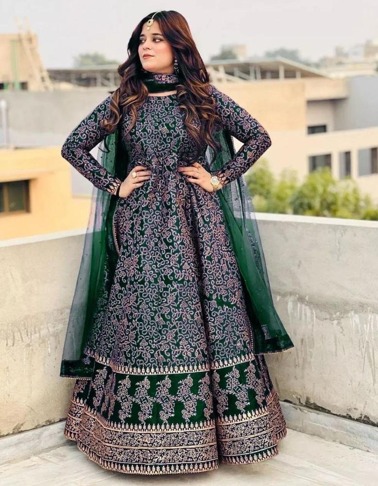 Green Printed Katan Silk Maxi Suit Set for Women - GENZAA