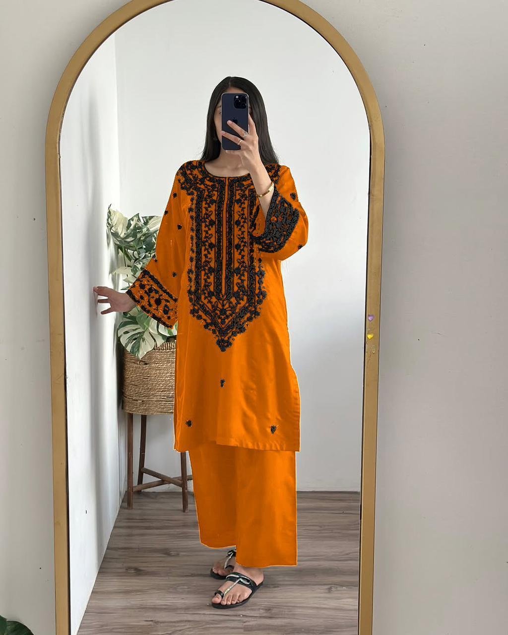 Orange Embroidered Kurta Set for Women - GENZAA