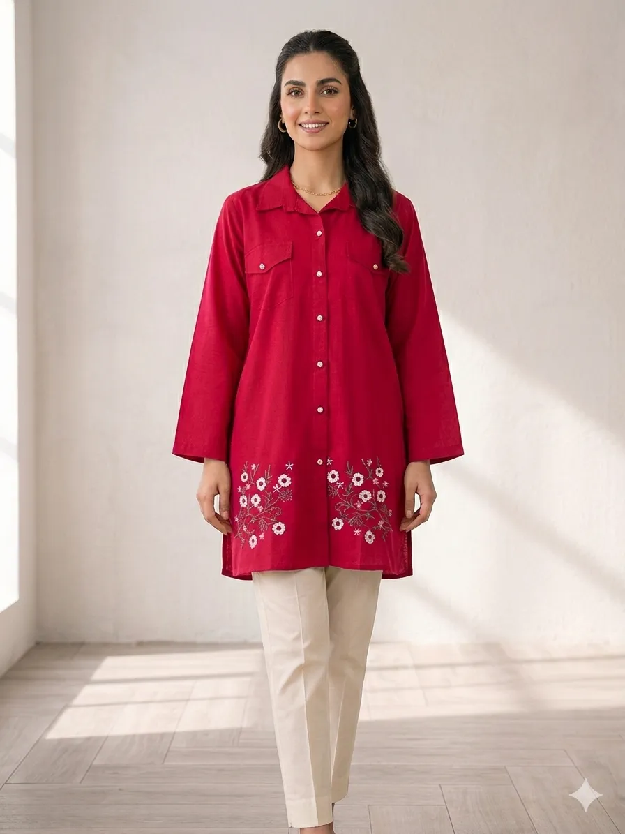 Red Embroidered Lawn Kurta for Women Medium - GENZAA
